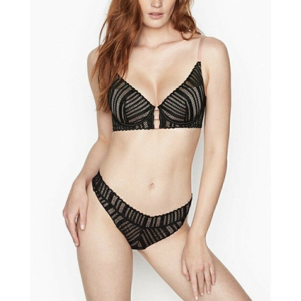 Victoria's Secret Lace Lightly Lined Plunge Black & pink Bra LUXE LINGERIE 32DD